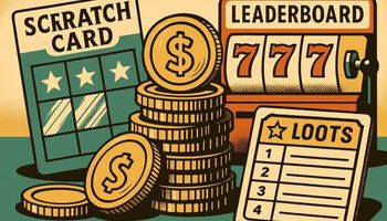 An illustration of an online sweepstakes casino featuring virtual coins, scratchcards, slot machines, and a leaderboard on a stylized game board