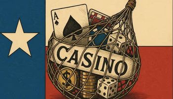 Mid-century modern illustration of a Texas flag with a detailed rope net capturing casino symbols, representing Texas tightening the net on sweepstakes casinos.