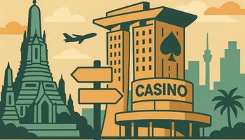 Illustration of a casino building next to a Thai temple with a plane flying overhead, symbolizing tourism and gambling regulation in Thailand.