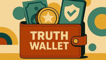 Mid-century modern illustration of a digital "Truth Wallet" containing a coin, banknote, and smartphone.