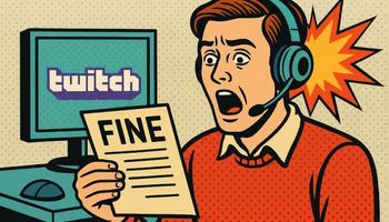 Retro pop art illustration of a judge’s gavel striking a glowing Twitch logo over a roulette wheel, symbolizing a crackdown on illegal gambling ads.