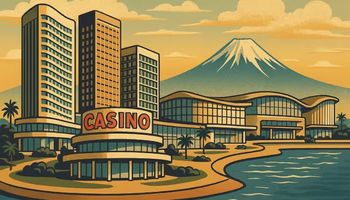 Retro-style travel poster illustration of MGM Osaka, Japan's first integrated casino resort, featuring Japanese trees, hotel towers, and a cultural island setting.