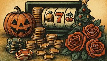 illustration of Wazdan network promotion showing online slot reels, gold coins, casino chips, and festive elements for Halloween, Christmas, and Valentine’s Day