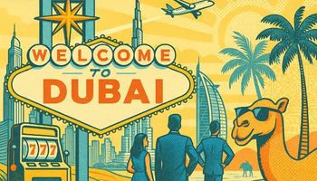 Retro-style illustration of Dubai with a "Welcome to Dubai" sign, Burj Khalifa, slot machine, palm trees, a camel in sunglasses, and stylish tourists, for a Vegas-style casino atmosphere.