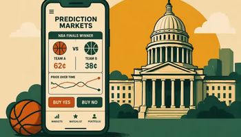 Prediction markets mobile app showing sports contract pricing in front of a US capitol building, illustrating regulation of predictive betting platforms