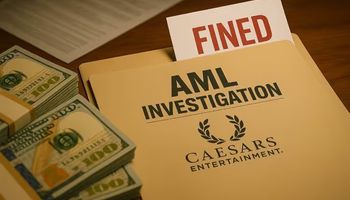 A photo of an AML investigation folder labeled “Caesars Entertainment” with a “FINE” notice partially visible inside, placed on a wooden desk beside stacks of hundred-dollar bills and blurred financial documents.