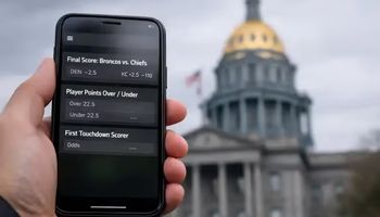 Smartphone showing sports betting interface outside Colorado State Capitol during debate over prop bet ban