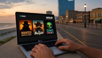 Photo-realistic image showing a laptop and smartphone on a wooden desk displaying Hacksaw Gaming slot thumbnails and logo, with the Atlantic City Boardwalk and Ocean Casino Resort visible through the window at sunset.