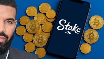 Partial image of Drake, a smartphone showing the Stake.us logo surrounded by Bitcoin and gold coins on a blue background, representing the Drake sued over Stake lawsuit.