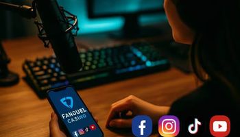 A streamer’s desk with a smartphone displaying the FanDuel Casino app and social media icons for Facebook, Instagram, TikTok, and YouTube, symbolizing the FanDuel Casino and Lady Luck HQ partnership.