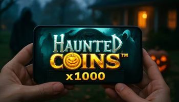 A person holding a smartphone showing Wazdan’s Haunted Coins™ x1000 slot game, set in a Halloween-themed scene