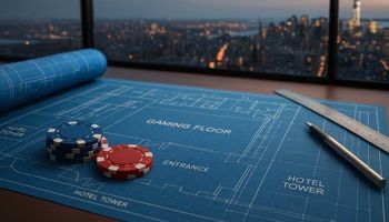 A detailed casino blueprint on a desk with poker chips, drafting tools, and the New York City skyline in the background, symbolizing upcoming casino developments in NYC.