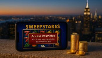 A smartphone on a stone ledge in front of the New York skyline displaying a sweepstakes-style slot game with an in-game “Access Restricted” warning, next to a pile of gold coins.