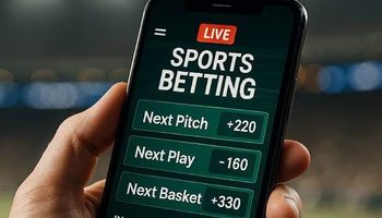 A smartphone held in a person’s hand displaying live microbetting options such as next pitch and next play, with a blurred stadium in the background.