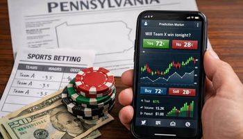 Smartphone showing prediction market data next to casino chips, betting slip, and cash, illustrating Pennsylvania gambling and trading concerns.