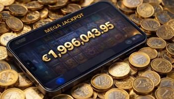 Mobile casino screen showing a €1.99 million Dream Drop Mega Jackpot win surrounded by euro coins
