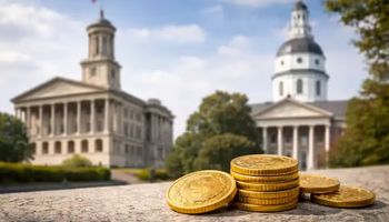 Tennessee and Maryland sweepstakes casino ban represented by state capitols and gold sweepstake coins