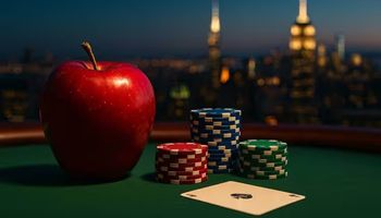 A glossy red apple surrounded by casino chips on a reflective table with a blurred New York City skyline in the background, symbolizing New York’s casino expansion.