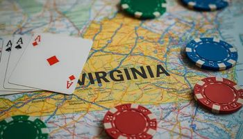 Virginia state map with casino chips and playing cards placed across key cities, representing lawmakers’ discussions on creating a Virginia Gaming Commission and regulating casinos and online gambling.