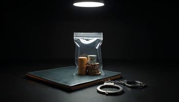 Casino chips sealed in forensic evidence bags on a dark investigation table, gold rim light — MGA data breach organised crime links