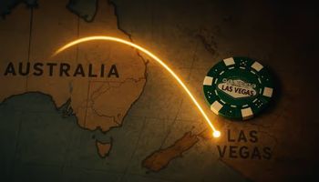 Map showing a glowing connection line from Australia to Las Vegas with a poker chip marking Nevada, symbolising Ainsworth’s licence fallout