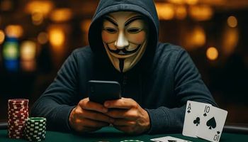 An image of person wearing an anonymous mask and hoodie, playing online casino on a mobile phone.