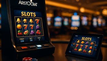 Image showing Aristocrat slot machine set against a world map with glowing lines linking Sydney, London, Las Vegas, and Macau, symbolizing Aristocrat’s global reach across land-based and online casinos.