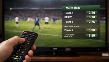 Hand holding a TV remote while watching live sport with gambling odds displayed on screen