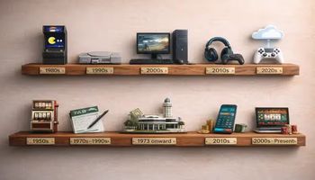 Visual timeline showing the evolution of gaming in Australia from 1950s pokies and retail betting to modern consoles, mobile apps and online platforms.