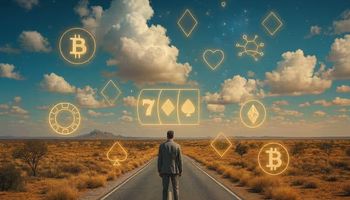 Image of a man on an Australian road at sunrise with casino symbols, symbolizing the future trends and predictions in online gambling, Australia.