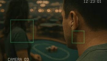 Surveillance-style close-up showing a man wearing a covert earpiece inside a casino, with a blurred woman in the background, representing an Australian casino fraud investigation.