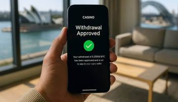A person’s hand holding a smartphone displaying a “Withdrawal Approved” crypto casino message.