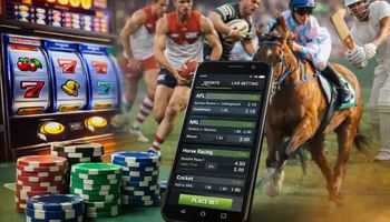 Visual collage of Australia’s gambling industry including pokies, AFL, NRL, horse racing, cricket and a mobile betting app with casino chips.