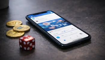 Smartphone showing a social media feed beside cryptocurrency coins, illustrating concerns around crypto casino promotions on social platforms.