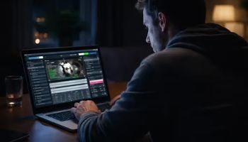 Australian man using a laptop late at night while accessing an online betting account, highlighting concerns around gambling self-exclusion enforcement.