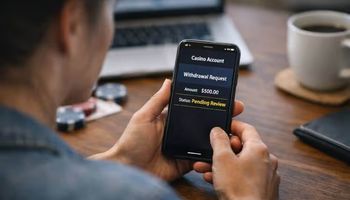 Smartphone showing a casino withdrawal pending status during approval review
