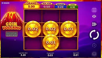 Coin Volcano slot game featuring multiple giant coins with a volcano in the background
