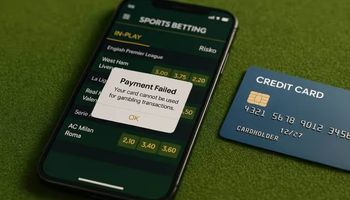 Smartphone showing a payment failed message on an Australian-style sports betting app with a credit card beside it, illustrating the credit card betting ban in Australia.