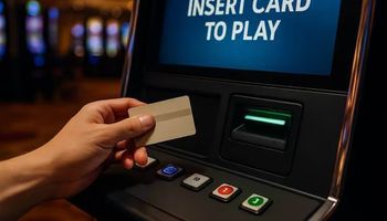 An image of a hand holding a membership-style card in front of an electronic gaming machine showing an “Insert Card to Play” message at Crown Perth Casino.