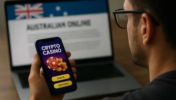 A person holding a smartphone with a crypto casino app open while a blurred Australian online gambling webpage is displayed on a laptop in the background.