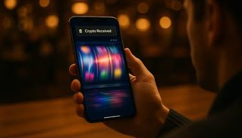 A person holding a smartphone showing fast-spinning slot reels with a “Crypto Received” notification, in a warm, casino-style setting.