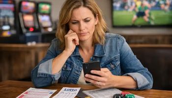 Woman reviewing betting slip, Lotto ticket and mobile betting app in a pub setting, representing legal forms of gambling in Australia.
