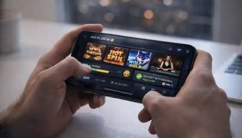 Person playing on a new online casino mobile platform showing features like instant withdrawal and live games.