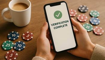 lose-up of hands holding a smartphone showing a ‘Verification Complete’ message beside scattered casino chips and a coffee cup, symbolising fast and paper-free soft KYC verification at online casinos.