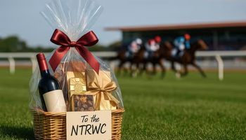 A photo-realistic gift hamper labeled “To the NTRWC” sitting on grass in front of a blurred horse racetrack with jockeys racing in the background.