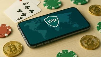 Photo of a smartphone showing a VPN connection surrounded by casino chips, cards, and Bitcoin coins, symbolising global access and secure play at no KYC casinos.