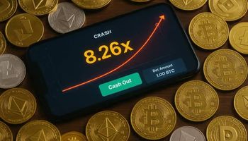 Smartphone showing a casino crash game surrounded by cryptocurrency coins