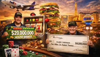 Photo realistic collage featuring a vintage slot machine, Mega Moolah jackpot winner, WWII veteran holding a cheque, Las Vegas Strip skyline, poker table, sandwich, London taxi casino, and FedEx plane, illustrating interesting gambling facts.
