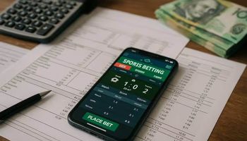 Financial papers, Australian cash, and a smartphone with a betting app displayed, illustrating the money trail central to the landmark case against betting agencies in Australia.