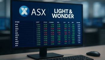An image of a widescreen trading monitor displaying ASX market data alongside the Light & Wonder logo